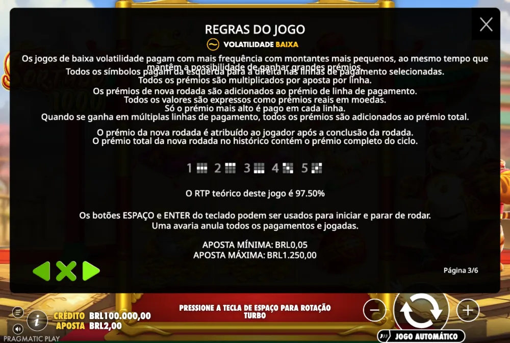 Tela de informação do Tigre Sortudo 1000 com RTP de 97,50% e volatilidade baixa, iguais aos da base