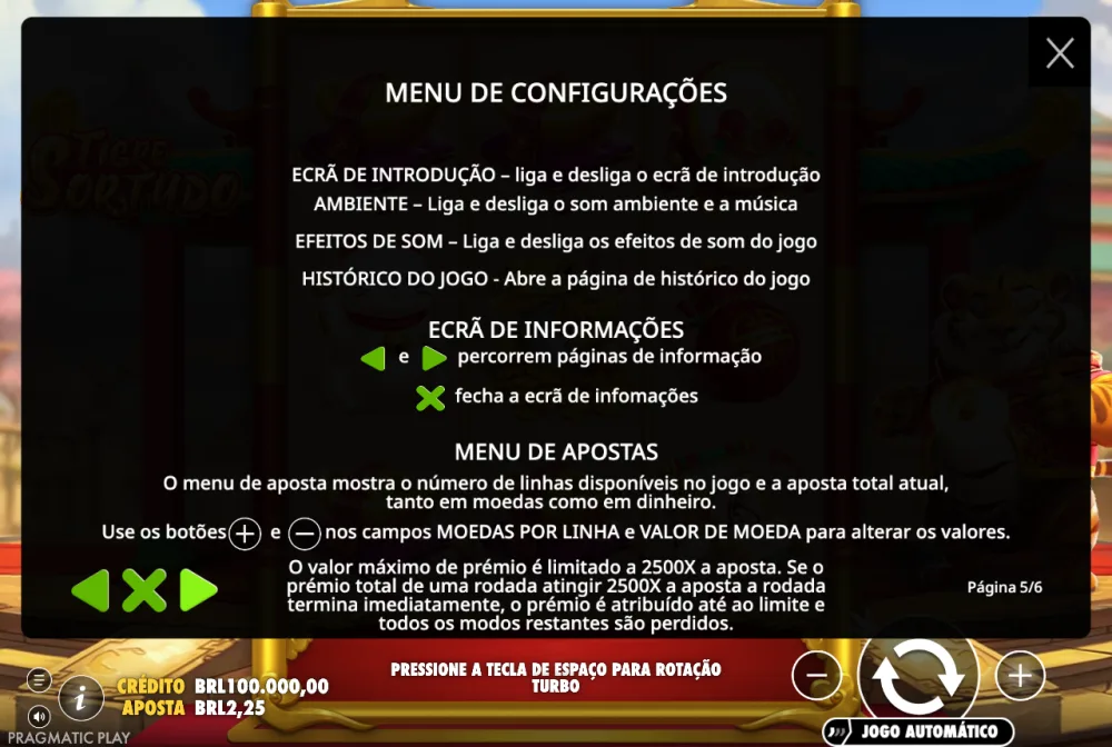 Menu de configurações do Tigre Sortudo com opções de som, histórico e jogo automático na demo
