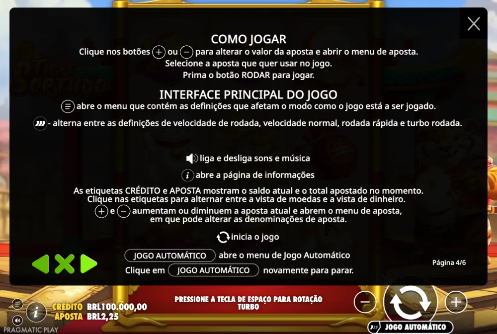 Controles do Tigre Sortudo com o botão de girar, aposta e jogo automático na demo
