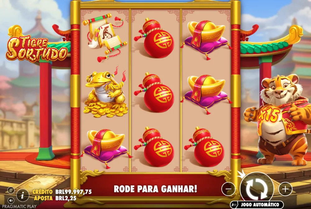 Um giro do Tigre Sortudo na demo, com o tigre segurando o multiplicador