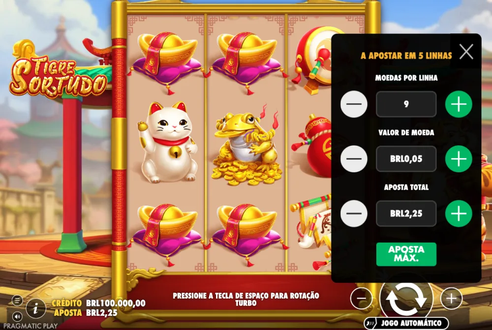 Menu de aposta do Tigre Sortudo mostrando o valor de moeda e as moedas por linha na demo