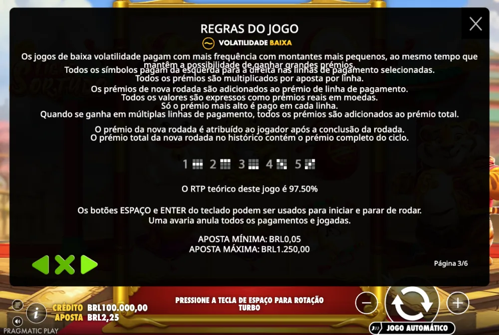 Tela de informação do Tigre Sortudo com o RTP de 97,50% e o rótulo de volatilidade baixa