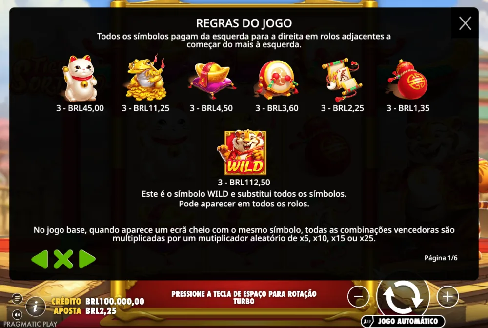 Tabela de pagamentos do Tigre Sortudo com o Tigre Wild pagando 50x e a lanterna 0,6x