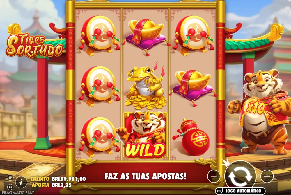 Tigre Wild ao lado de tambores na grade do Tigre Sortudo, resultado sorteado pelo RNG